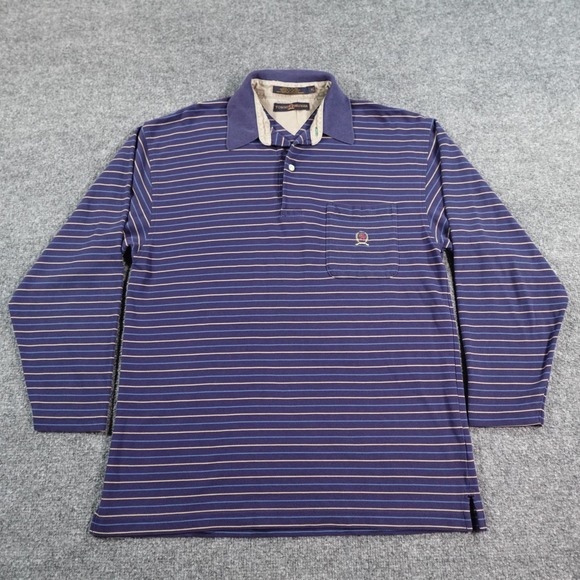 Vintage Tommy Hilfiger Shirt Mens M Blue Stripe Rugby Polo Crest Logo 90s 14584 - Picture 1 of 8
